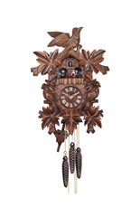 Carved battery-powered cuckoo clock with large cuckoo bird, two smaller birds, five leaves, with music & moving dancers 37 cm by Engstler