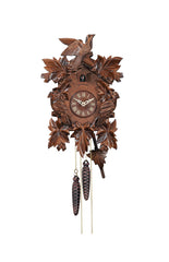 Carved 1-day cuckoo clock with cuckoo birds and carved leaves (Varnished wood) 35 cm by Engstler