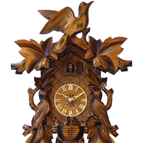 Carved 1-day cuckoo clock with cuckoo birds and carved leaves (Varnished wood) 40.5 cm by Engstler