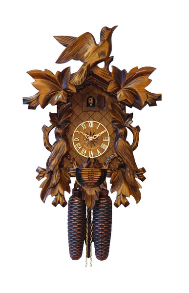 Carved 1-day cuckoo clock with cuckoo birds and carved leaves (Varnished wood) 40.5 cm by Engstler