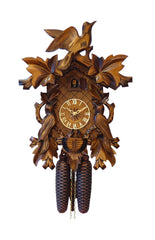 Carved 1-day cuckoo clock with cuckoo birds and carved leaves (Varnished wood) 40.5 cm by Engstler