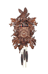 Carved battery-powered cuckoo clock with large cuckoo bird, two smaller birds, five leaves, with music & moving dancers 46 cm by Engstler