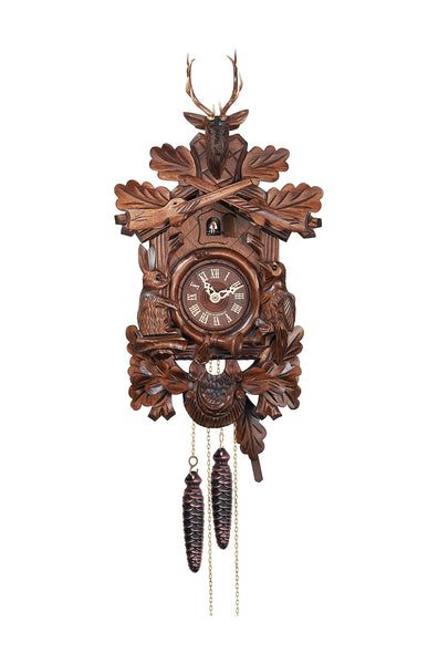 Carved 8-day 'Hunting-style' cuckoo clock with deer head, rifles, rabbit, bird with music 40 cm by Engstler