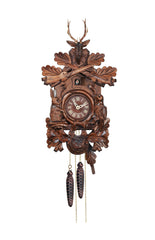 Carved 8-day 'Hunting-style' cuckoo clock with deer head, rifles, rabbit, bird with music 40 cm by Engstler