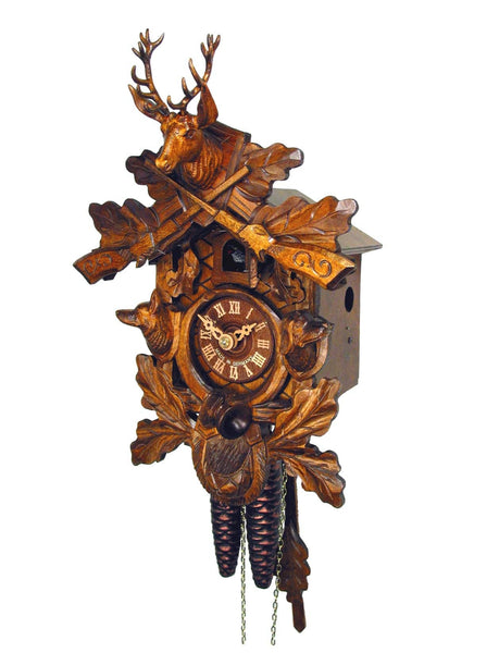  Cuckoo Clock - Carved 1-day Hunting Dogs cuckoo clock 29cm by August Schwer - Cuckoo Collections