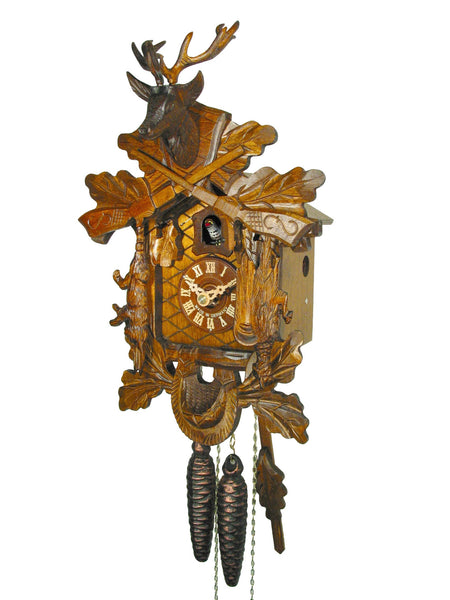  Cuckoo Clock - Carved 1-day hunting style cuckoo clock 34cm by August Schwer - Cuckoo Collections