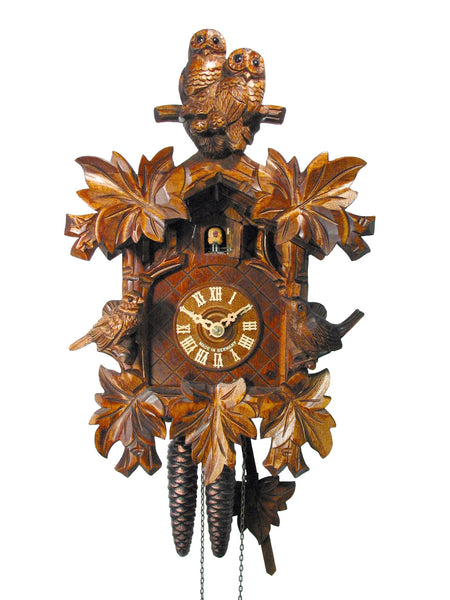  Cuckoo Clock - Carved 1-day owl & sparrow cuckoo clock 33cm by August Schwer - Cuckoo Collections