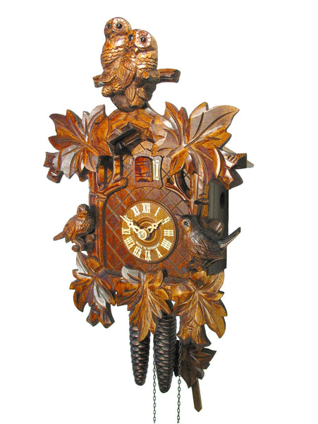  Cuckoo Clock - Carved 1-day owl & sparrow cuckoo clock 33cm by August Schwer - Cuckoo Collections