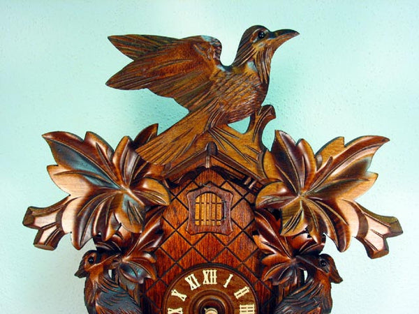 Cuckoo Clock - Carved 8-day cuckoo clock with three birds and leaves 39cm by August Schwer - Cuckoo Collections
