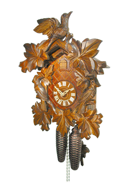  Cuckoo Clock - Carved 8-day cuckoo clock with three birds and leaves 39cm by August Schwer - Cuckoo Collections