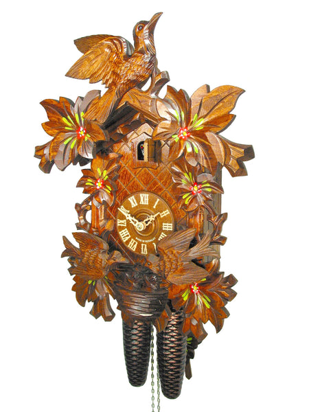  Cuckoo Clock - Carved 8-day cuckoo clock with birds and nest 41cm by August Schwer - Cuckoo Collections