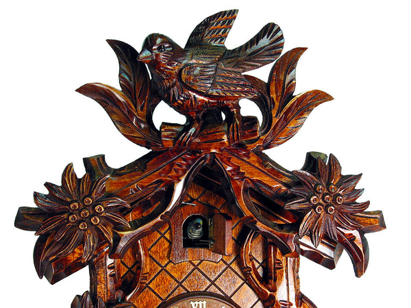  Cuckoo Clock - Carved 8-day cuckoo clock with Edelweiss Flowers & Bird 36cm by August Schwer - Cuckoo Collections