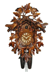  Cuckoo Clock - Carved 8-day cuckoo clock with beautiful leaves and two birds 42cm by August Schwer - Cuckoo Collections
