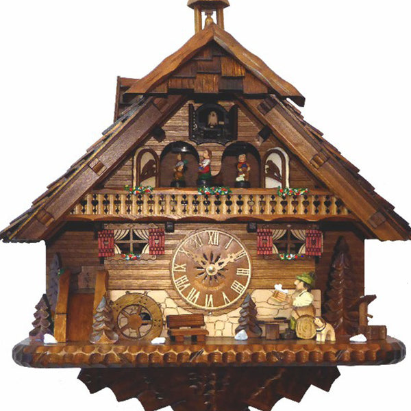 Chalet-style Black Forest battery-powered musical cuckoo clock with moving dancers and beer drinker 43 cm by Engstler