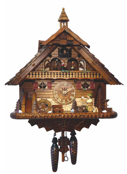 Chalet-style Black Forest battery-powered musical cuckoo clock with moving dancers and beer drinker 43 cm by Engstler