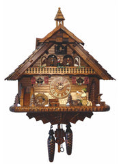 Chalet-style Black Forest battery-powered musical cuckoo clock with moving dancers and beer drinker 43 cm by Engstler