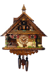 Chalet-style Black Forest battery-powered musical cuckoo clock with moving dancers and mountain explorer 43 cm by Engstler