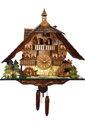 Chalet-style Black Forest battery-powered musical cuckoo clock with moving dancers and mountain explorer 50 cm by Engstler
