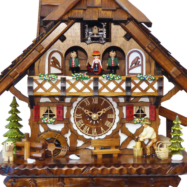 Chalet-style Black Forest battery-powered musical cuckoo clock with moving dancers and wood-chopper 43 cm by Engstler