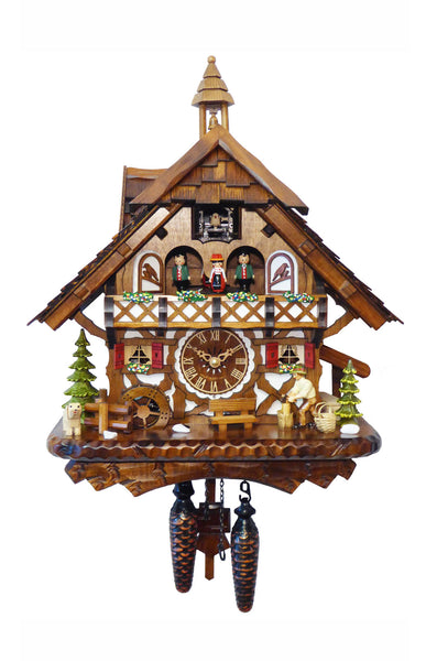 Chalet-style Black Forest battery-powered musical cuckoo clock with moving dancers and wood-chopper 43 cm by Engstler