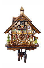 Chalet-style Black Forest battery-powered musical cuckoo clock with moving dancers and wood-chopper 43 cm by Engstler