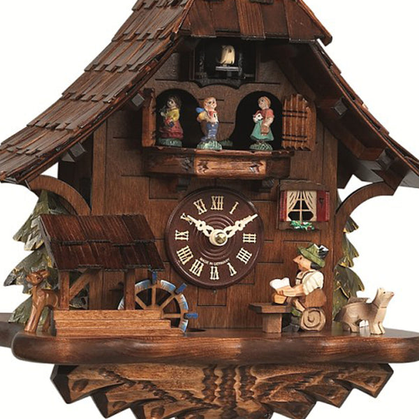 Chalet-style Black Forest battery-powered musical cuckoo clock with moving dancers, watermill-wheel, and beer-drinker 35 cm by Engstler