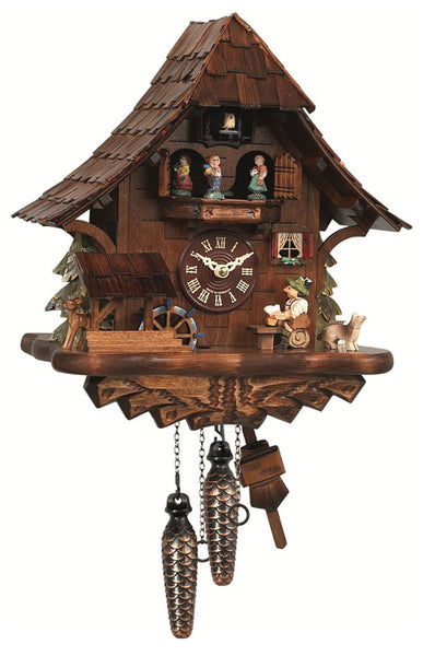 Chalet-style Black Forest battery-powered musical cuckoo clock with moving dancers, watermill-wheel, and beer-drinker 35 cm by Engstler
