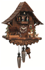 Chalet-style Black Forest battery-powered musical cuckoo clock with moving dancers, watermill-wheel, and beer-drinker 35 cm by Engstler
