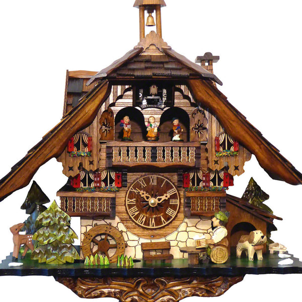 Chalet-style Black Forest battery-powered musical cuckoo clock with moving dancers, watermill-wheel, and beer-drinker 40 cm by Engstler