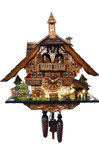 Chalet-style Black Forest battery-powered musical cuckoo clock with moving dancers, watermill-wheel, and beer-drinker 40 cm by Engstler