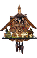 Chalet-style Black Forest battery-powered musical cuckoo clock with moving dancers, watermill-wheel, and beer-drinker 40 cm by Engstler