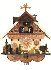 Chalet-style Black Forest battery-powered musical cuckoo clock with moving dancers, watermill-wheel, and rocking-horse 40 cm by Engstler