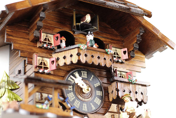 Chalet-style Black Forest battery-powered musical cuckoo clock with moving dancers, watermill-wheel, and wood-chopper 40 cm by Engstler