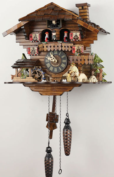 Chalet-style Black Forest battery-powered musical cuckoo clock with moving dancers, watermill-wheel, and wood-chopper 40 cm by Engstler