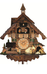 Chalet-style Black Forest battery-powered musical cuckoo clock with moving dancers, watermill-wheel, and wood-chopper 42 cm by Engstler