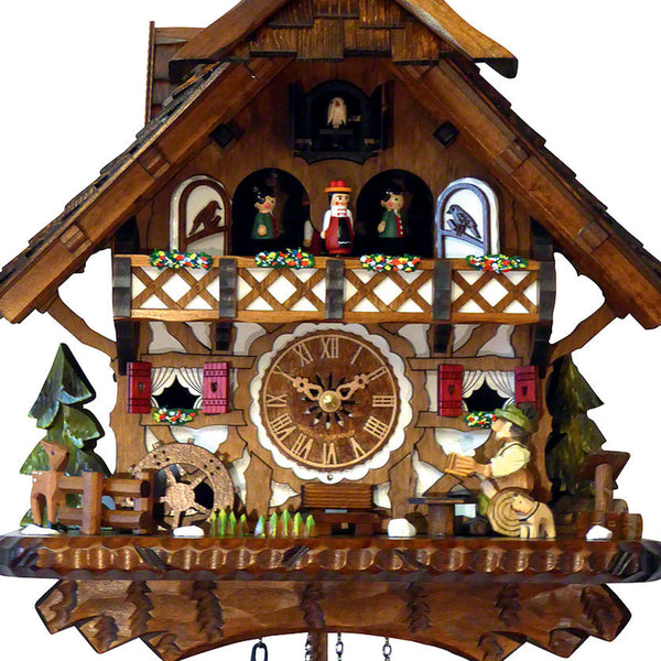 Chalet-style Black Forest battery-powered musical cuckoo clock with moving dancers, watermill-wheel, and beer-drinker 43 cm by Engstler