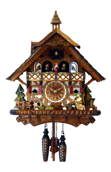 Chalet-style Black Forest battery-powered musical cuckoo clock with moving dancers, watermill-wheel, and beer-drinker 43 cm by Engstler