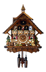 Chalet-style Black Forest battery-powered musical cuckoo clock with moving dancers, watermill-wheel, and beer-drinker 43 cm by Engstler