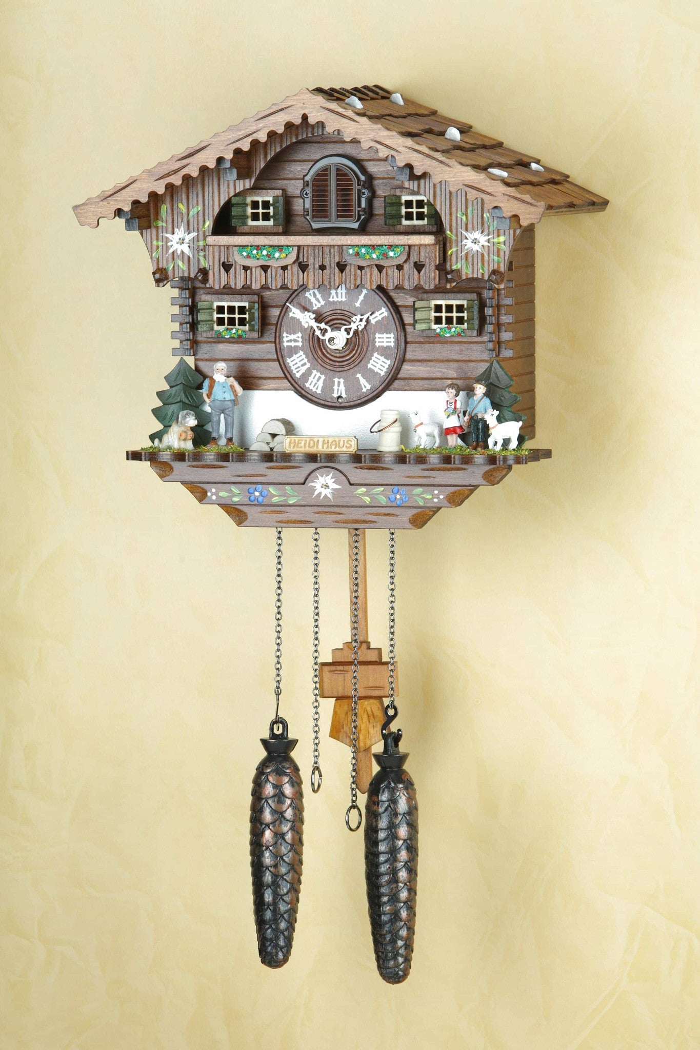 Chalet quartz cuckoo clock hand painted Heidi house by Trenkle