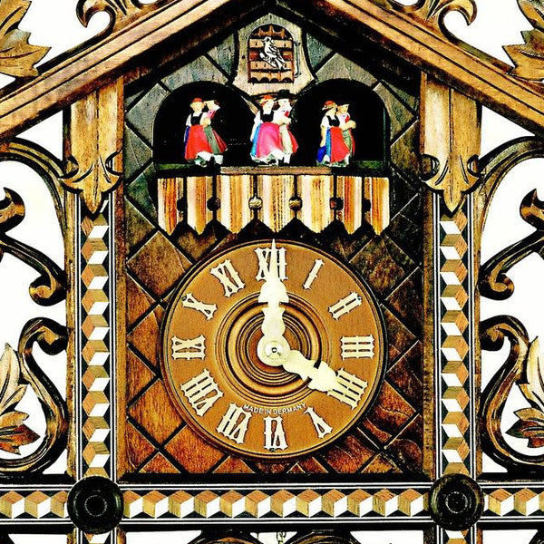  Cuckoo Clock - Antique carved 1-day 'Bahnhaeusli' Railroad-style cuckoo clock with dancers 49cm by Hubert Herr - Cuckoo Collections