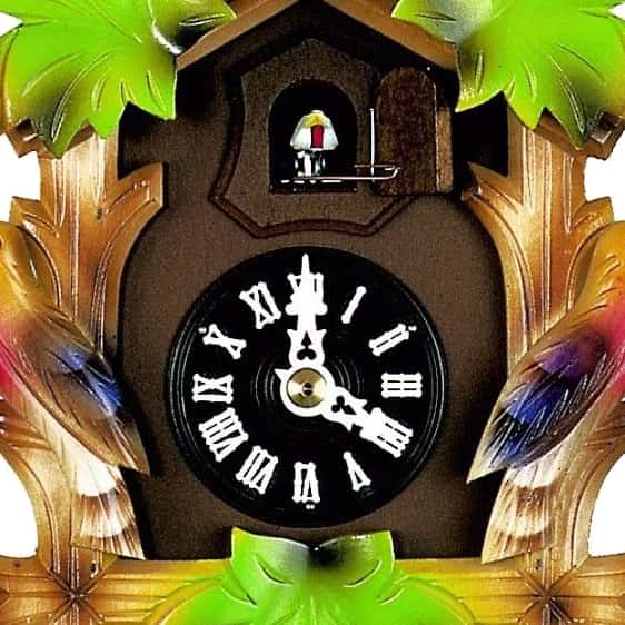  Cuckoo Clock - Carved 1-day colourful cuckoo clock with three birds and three leaves 24cm by Hubert Herr - Cuckoo Collections