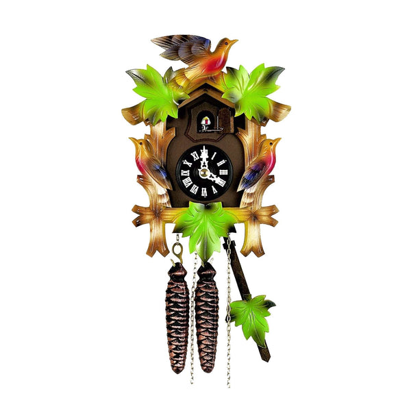  Cuckoo Clock - Carved 1-day colourful cuckoo clock with three birds and three leaves 24cm by Hubert Herr - Cuckoo Collections