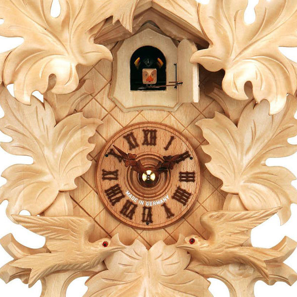  Cuckoo Clock - Carved 1-day cuckoo clock in a natural wooden finish with three birds and five leaves 37cm by Hubert Herr - Cuckoo Collections