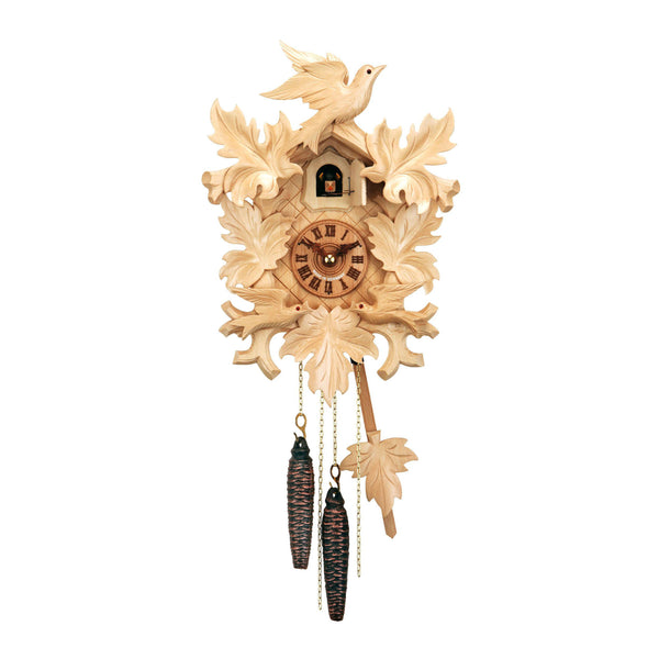  Cuckoo Clock - Carved 1-day cuckoo clock in a natural wooden finish with three birds and five leaves 37cm by Hubert Herr - Cuckoo Collections