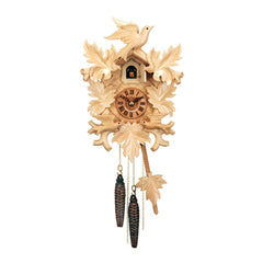  Cuckoo Clock - Carved 1-day cuckoo clock in a natural wooden finish with three birds and five leaves 37cm by Hubert Herr - Cuckoo Collections