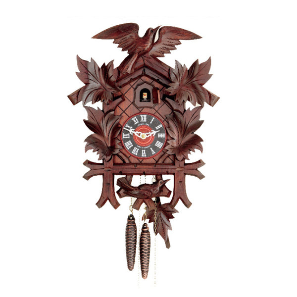  Cuckoo Clock - Carved 1-day cuckoo clock made of mahogany with birds and leaves 40.5cm by Hubert Herr - Cuckoo Collections