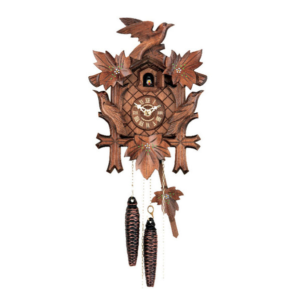  Cuckoo Clock - Carved 1-day cuckoo clock made of walnut-stained linden wood 28cm by Hubert Herr - Cuckoo Collections