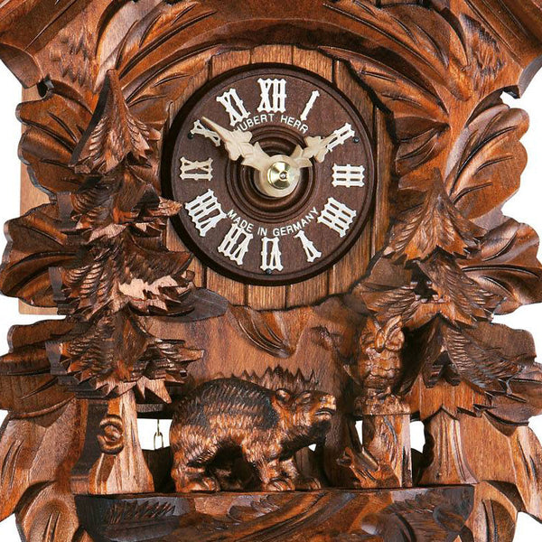  Cuckoo Clock - Carved 1-day cuckoo clock with a chalet-style roof and carved facade with bear and owl 31cm by Hubert Herr - Cuckoo Collections