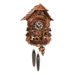  Cuckoo Clock - Carved 1-day cuckoo clock with a chalet-style roof and carved facade with bear and owl 31cm by Hubert Herr - Cuckoo Collections