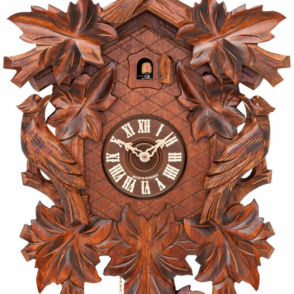  Cuckoo Clock - Carved 1-day cuckoo clock with a large cuckoo bird, two woodpeckers and seven leaves 45cm by Hekas - Cuckoo Collections
